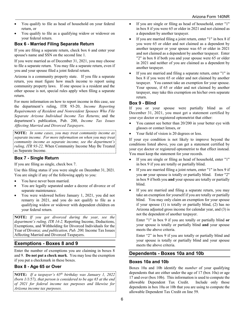 Instructions for Arizona Form 140NR, ADOR10413 Nonresident Personal Income Tax - Arizona, Page 6
