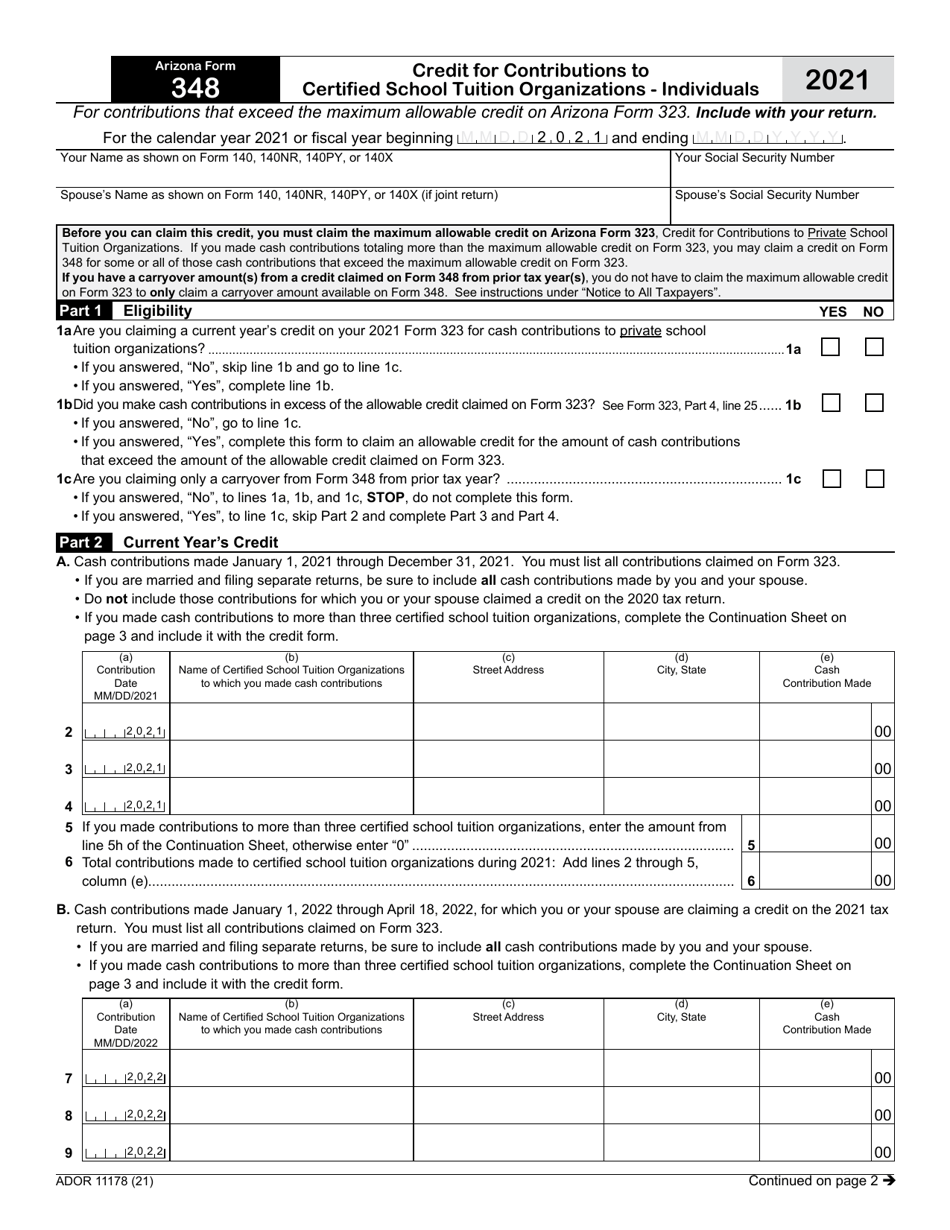 Arizona Form 348 (ADOR11178) Credit for Contributions to Certified School Tuition Organizations - Individuals - Arizona, Page 1