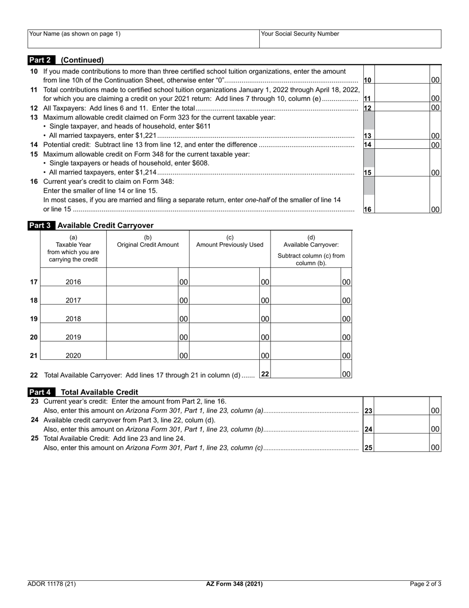 Arizona Form 348 (ADOR11178) Credit for Contributions to Certified School Tuition Organizations - Individuals - Arizona, Page 2