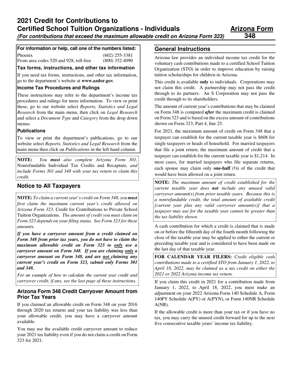 Instructions for Arizona Form 348, ADOR11178 Credit for Contributions to Certified School Tuition Organizations - Individuals - Arizona, Page 1