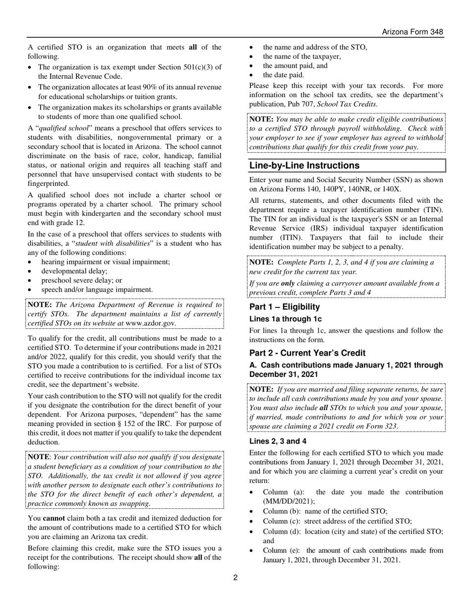 Instructions for Arizona Form 348, ADOR11178 Credit for Contributions to Certified School Tuition Organizations - Individuals - Arizona, Page 2