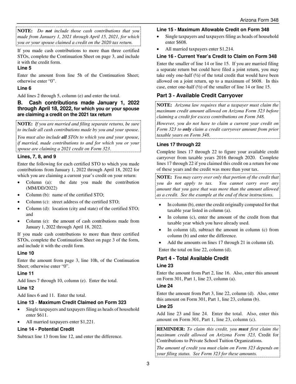 Instructions for Arizona Form 348, ADOR11178 Credit for Contributions to Certified School Tuition Organizations - Individuals - Arizona, Page 3