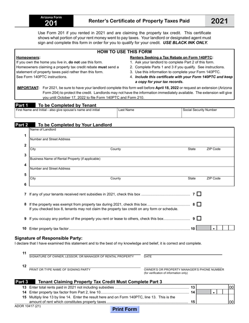 Arizona Form 201 (ADOR10417) 2021 Printable Pdf