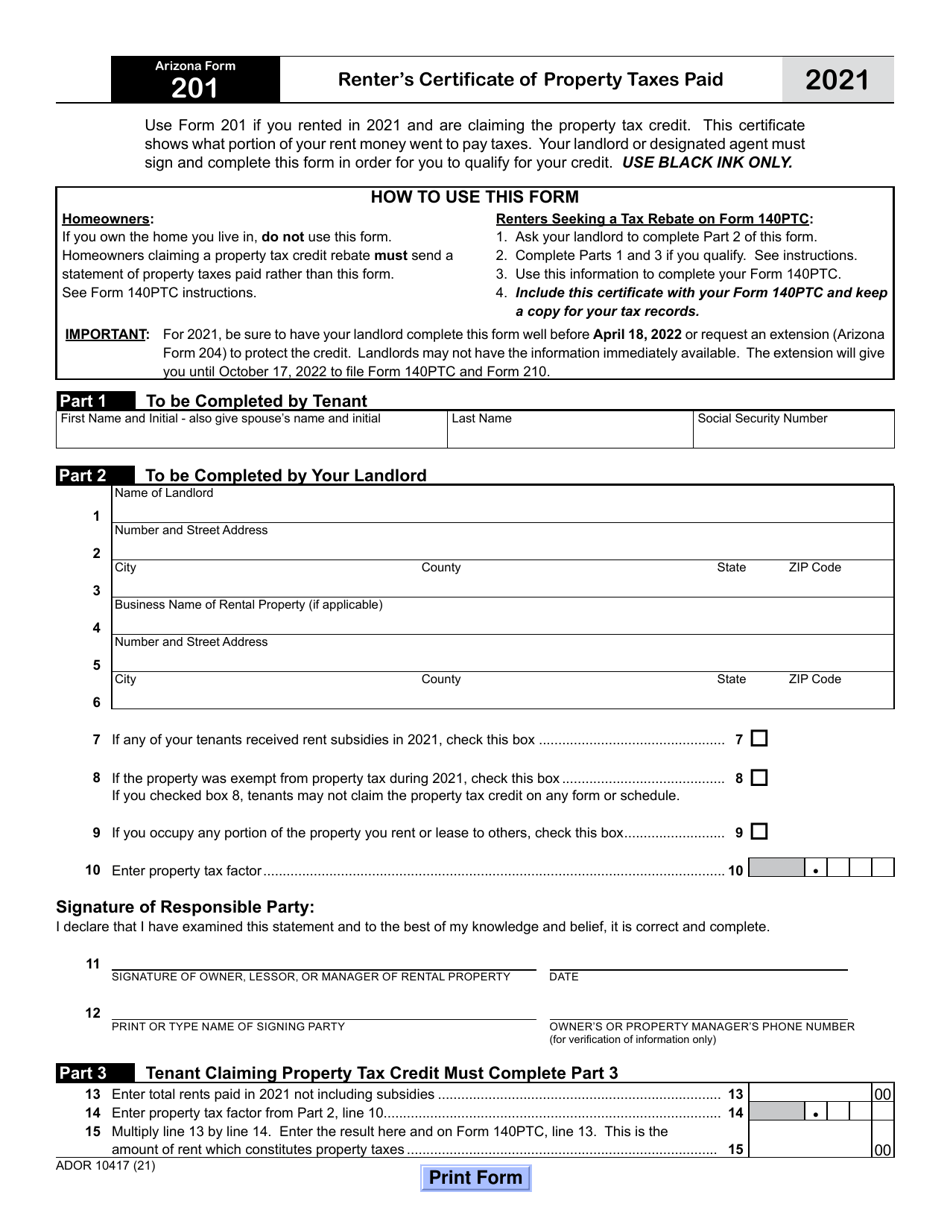 Arizona Form 201 (ADOR10417) Renters Certificate of Property Taxes Paid - Arizona, Page 1