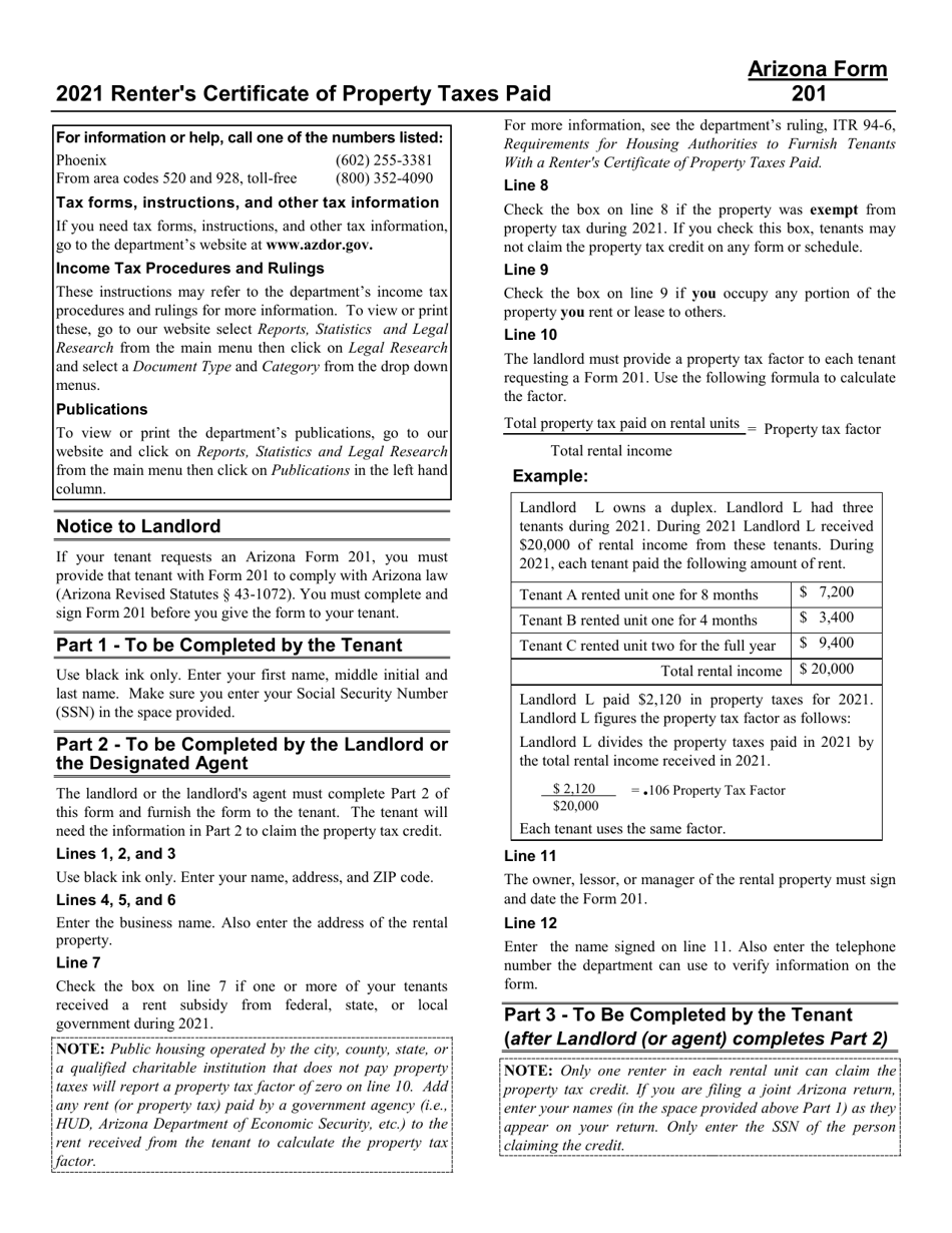 Instructions for Arizona Form 201, ADOR10417 Renters Certificate of Property Taxes Paid - Arizona, Page 1