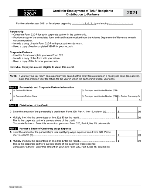 Arizona Form 320-P (ADOR11311) 2021 Printable Pdf