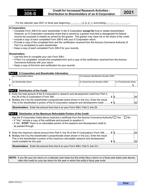 Arizona Form 308-S (ADOR11272) 2021 Printable Pdf