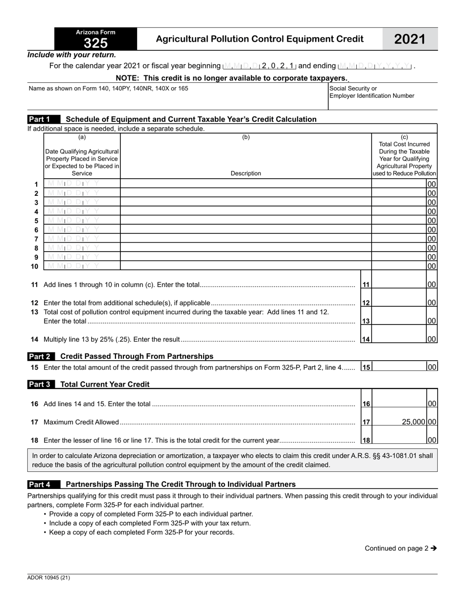 Arizona Form 325 (ADOR10945) Agricultural Pollution Control Equipment Credit - Arizona, Page 1