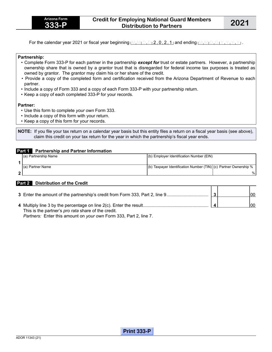 Arizona Form 333-P (ADOR11343) Credit for Employing National Guard Members Distribution to Partners - Arizona, Page 1