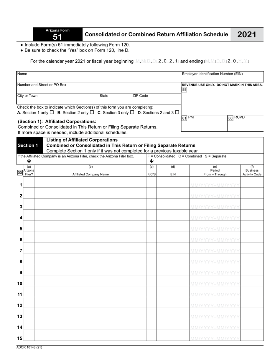 Arizona Form 51 (ADOR10148) Consolidated or Combined Return Affiliation Schedule - Arizona, Page 1