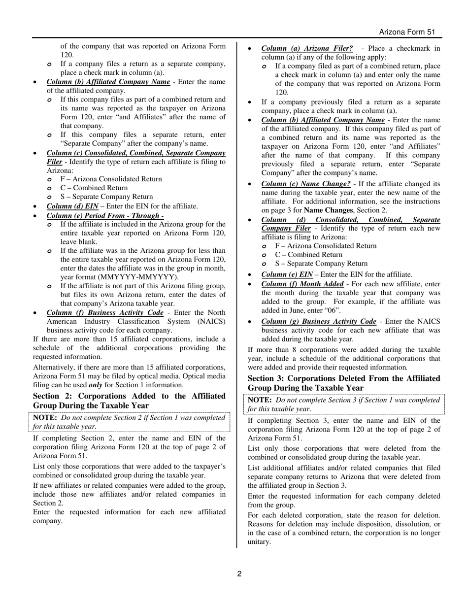 Instructions for Arizona Form 51, ADOR10148 Consolidated or Combined Return Affiliation Schedule - Arizona, Page 2