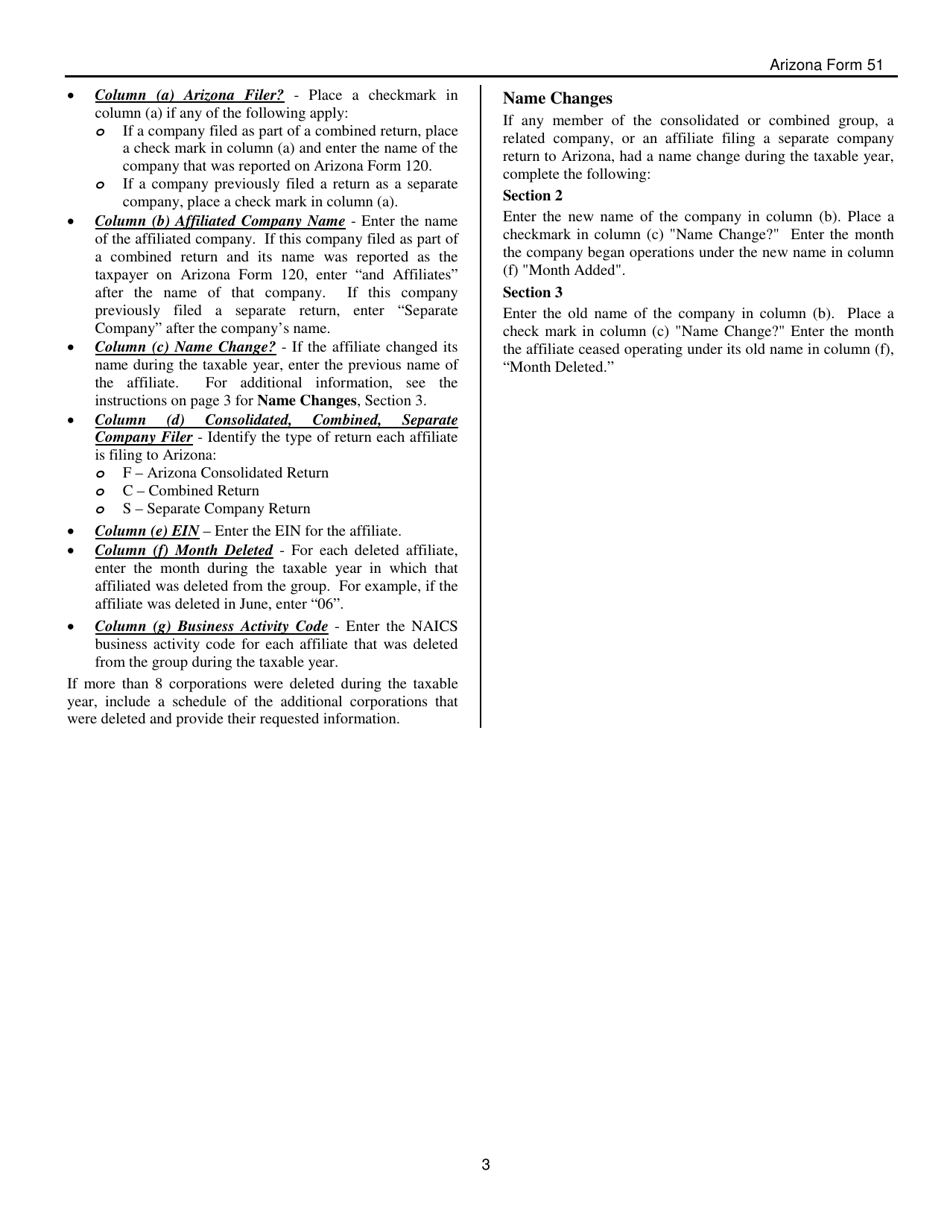 Instructions for Arizona Form 51, ADOR10148 Consolidated or Combined Return Affiliation Schedule - Arizona, Page 3