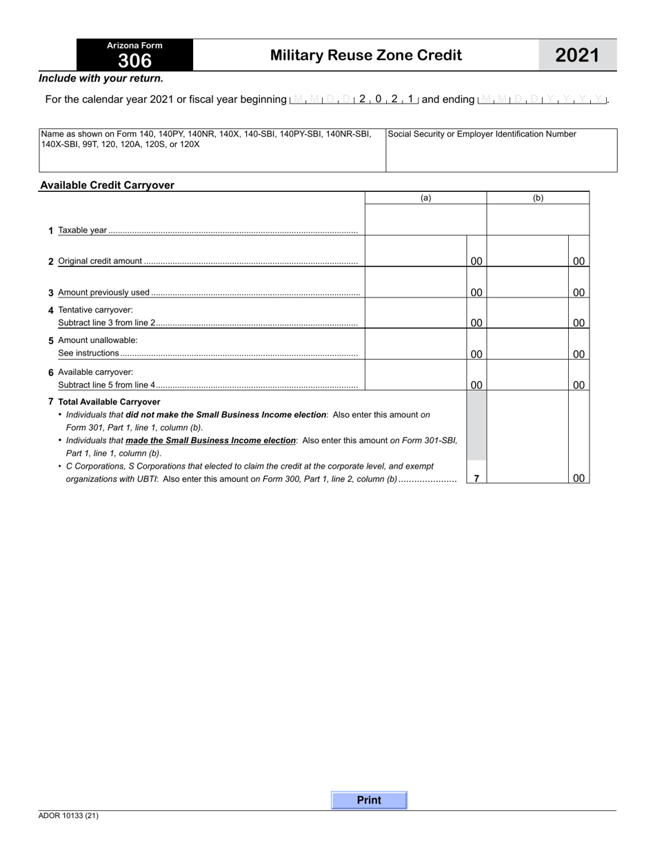 Arizona Form 306 (ADOR10133) Military Reuse Zone Credit - Arizona, Page 1