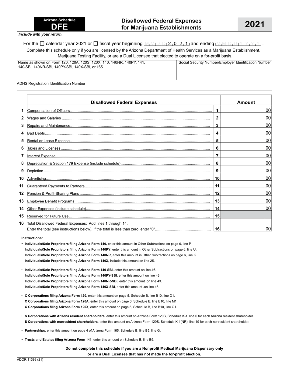 Form ADOR11393 Schedule DFE Disallowed Federal Expenses for Marijuana Establishments - Arizona, Page 1