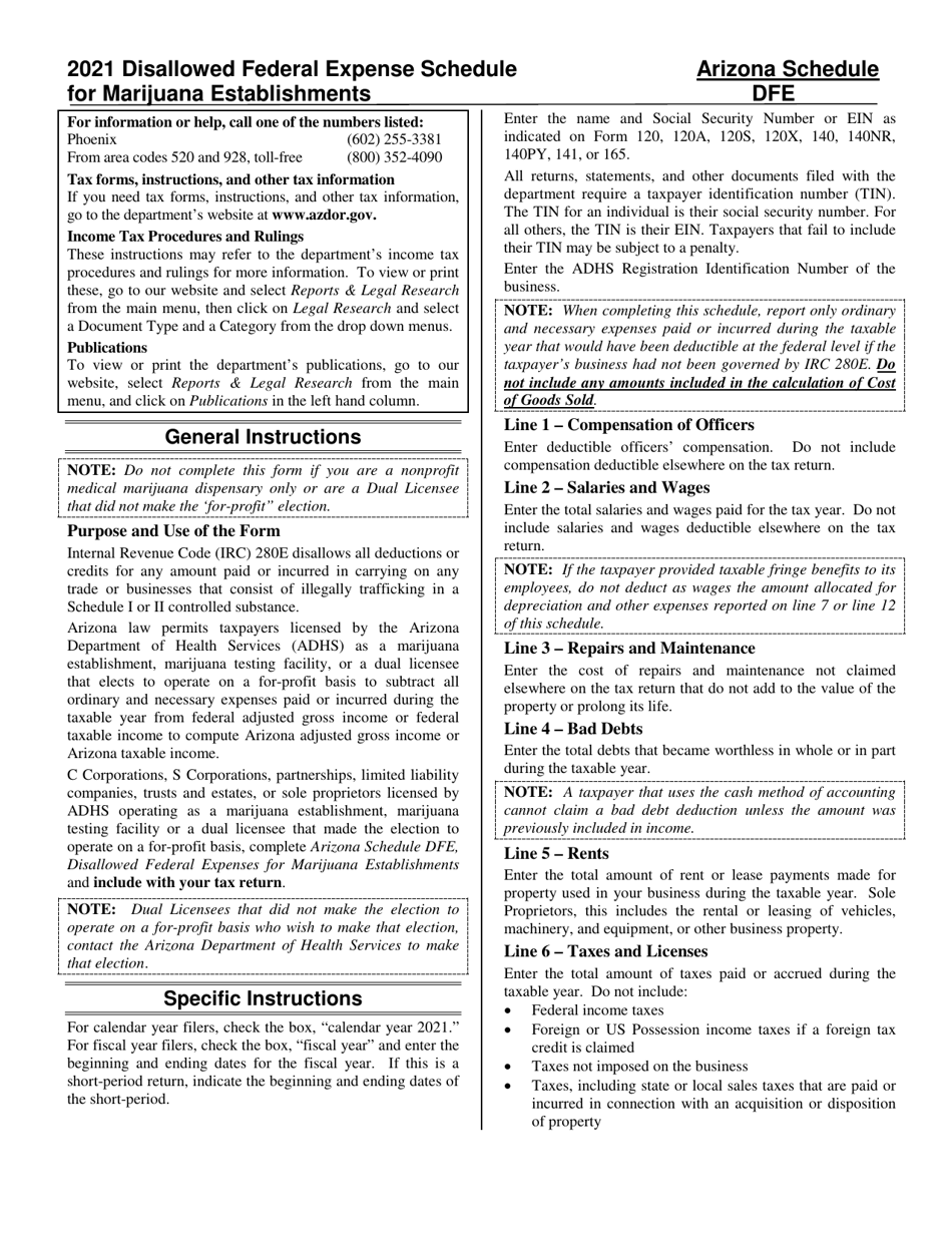 Instructions for Form ADOR11393 Schedule DFE Disallowed Federal Expenses for Marijuana Establishments - Arizona, Page 1