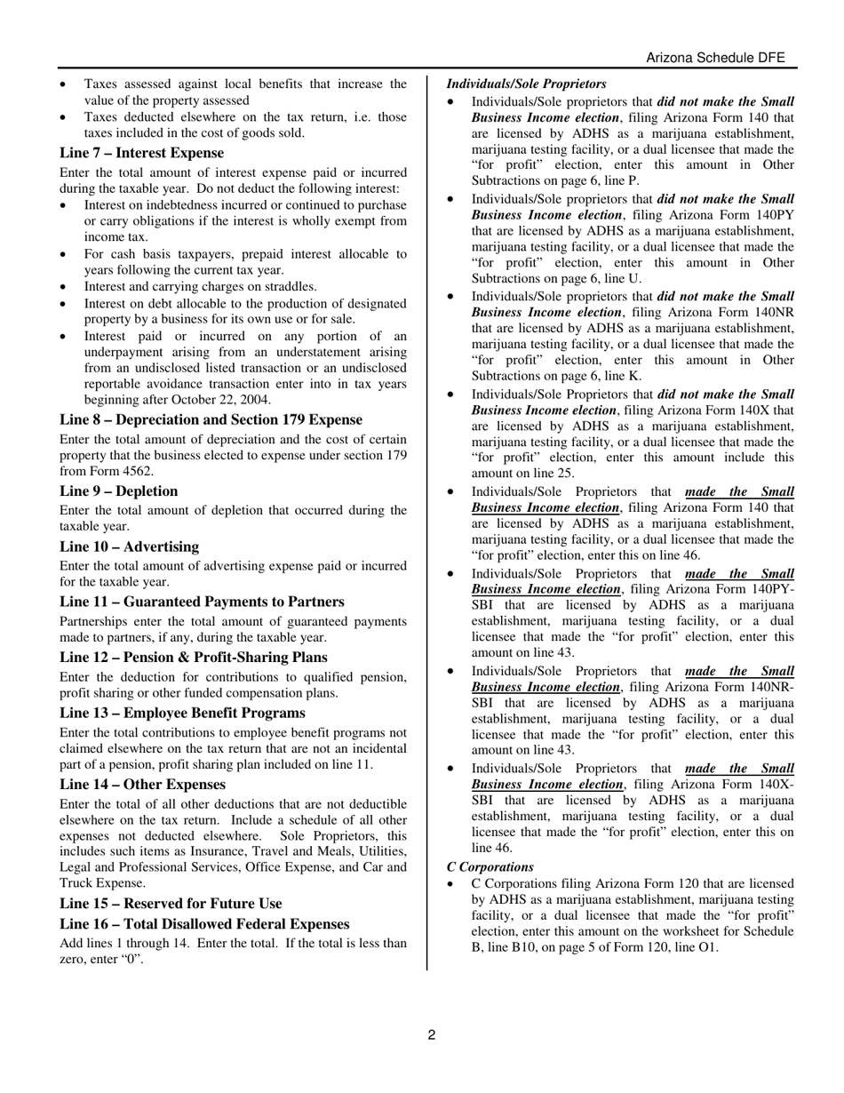 Instructions for Form ADOR11393 Schedule DFE Disallowed Federal Expenses for Marijuana Establishments - Arizona, Page 2