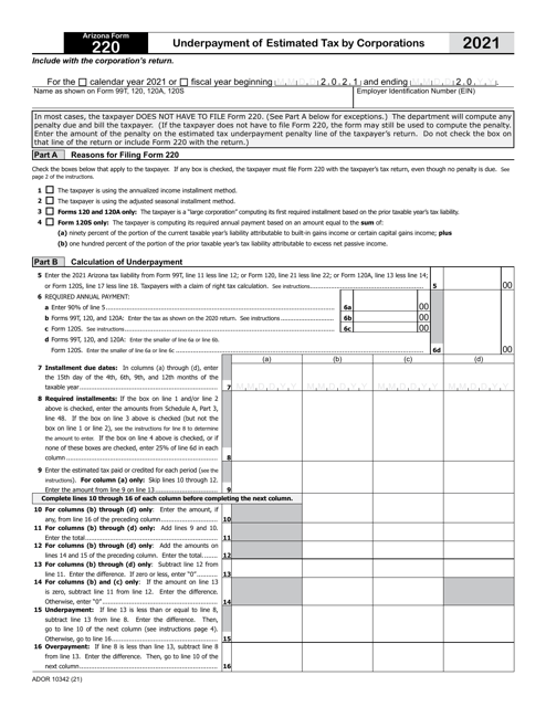 Arizona Form 220 (ADOR10342) 2021 Printable Pdf