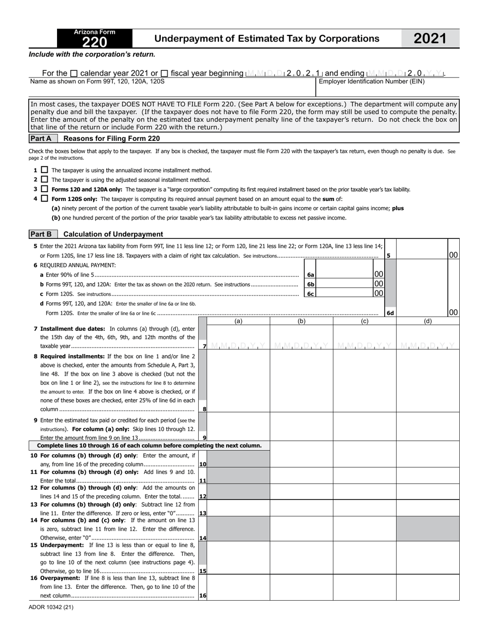 Arizona Form 220 (ADOR10342) Underpayment of Estimated Tax by Corporations - Arizona, Page 1