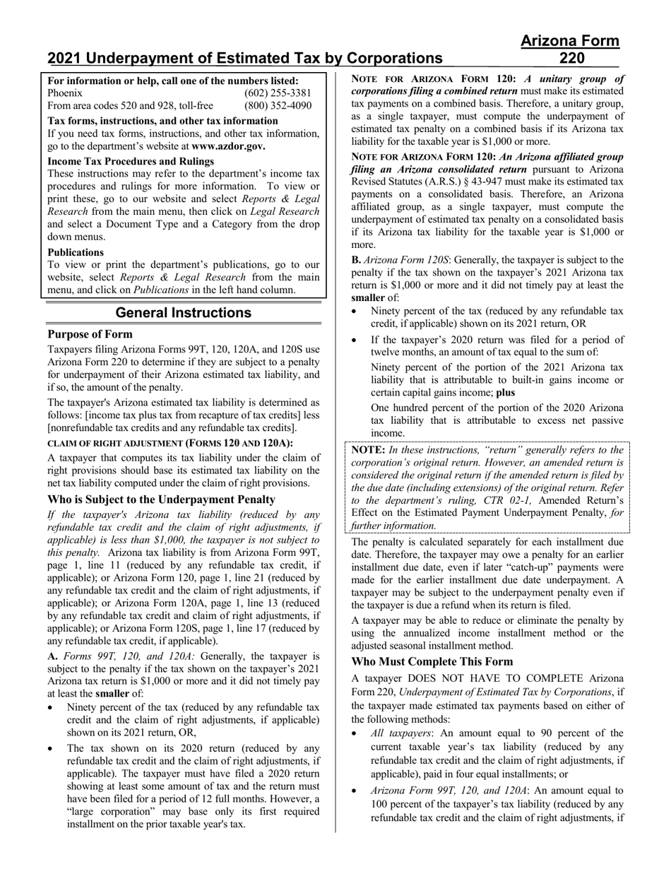 Download Instructions for Arizona Form 220, ADOR10342 Underpayment of