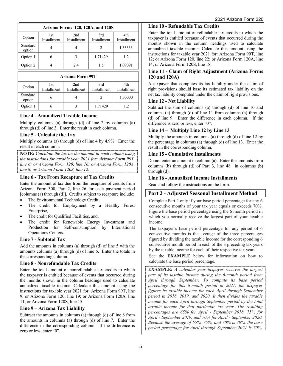 Instructions for Arizona Form 220, ADOR10342 Underpayment of Estimated Tax by Corporations - Arizona, Page 5