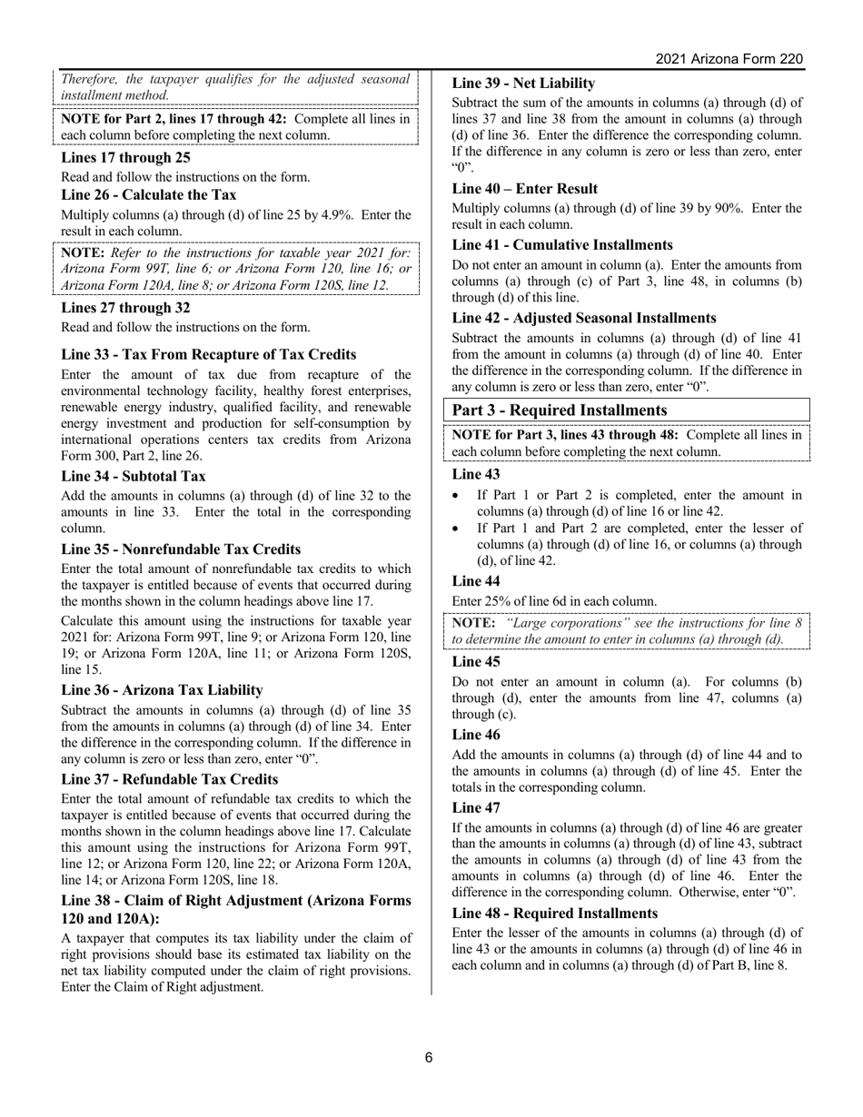 Instructions for Arizona Form 220, ADOR10342 Underpayment of Estimated Tax by Corporations - Arizona, Page 6