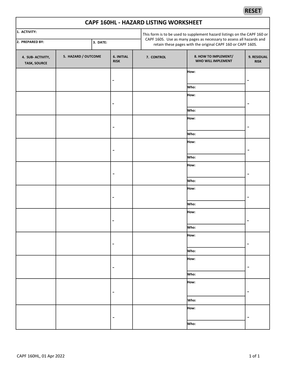 CAP Form 160HL Hazard Listing Worksheet, Page 1