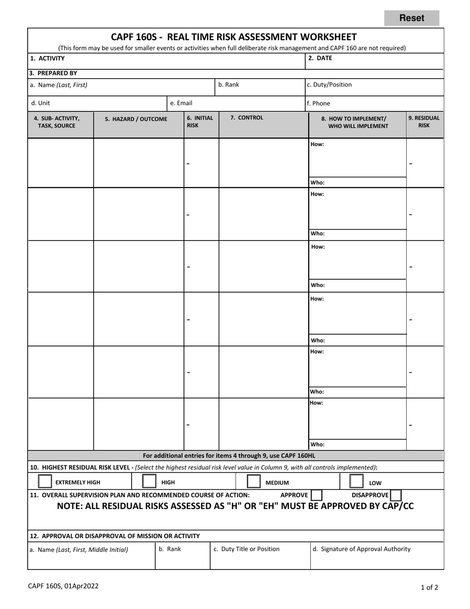 CAP Form 160S Real Time Risk Assessment Worksheet, Page 1