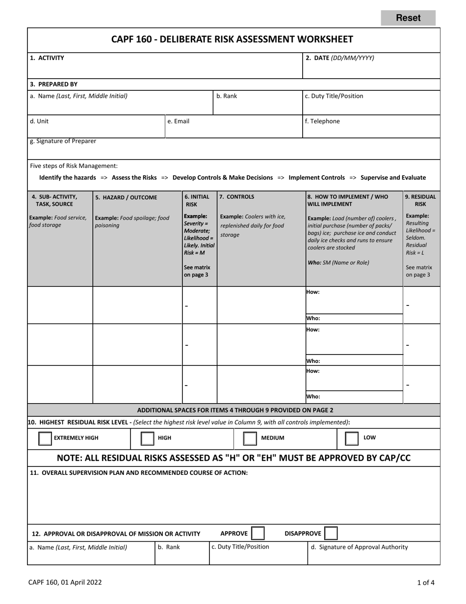 CAP Form 160 Deliberate Risk Assessment Worksheet, Page 1