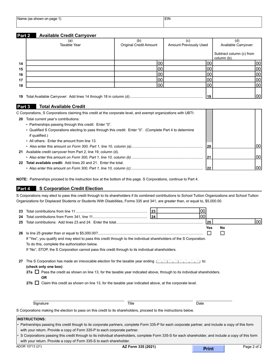Arizona Form 335 (ADOR10713) Credit for Corporate Contributions to School Tuition Organizations - Arizona, Page 2