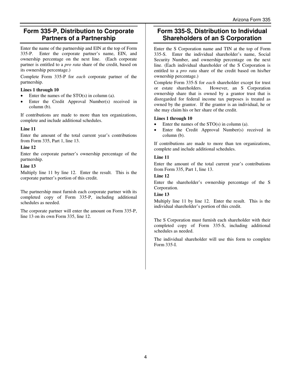 Instructions for Arizona Form 335, Arizona Form 335-P, Arizona Form 335-S, ADOR10713, ADOR11241, ADOR11242 - Arizona, Page 4