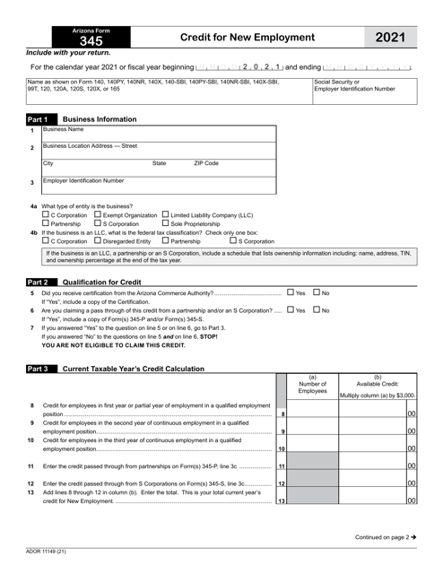 Arizona Form 345 (ADOR11149) 2021 Printable Pdf
