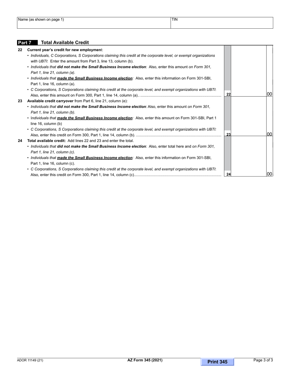 Arizona Form 345 (ADOR11149) Credit for New Employment - Arizona, Page 3