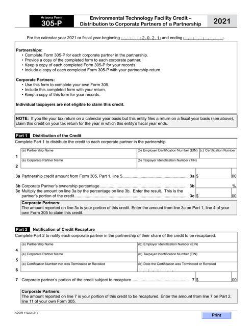 Arizona Form 305-P (ADOR11323) 2021 Printable Pdf
