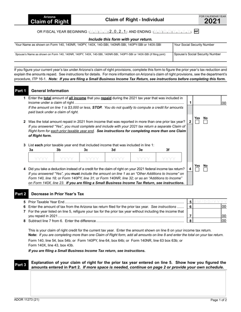 Form ADOR11273 Claim of Right - Individual - Arizona, 2021