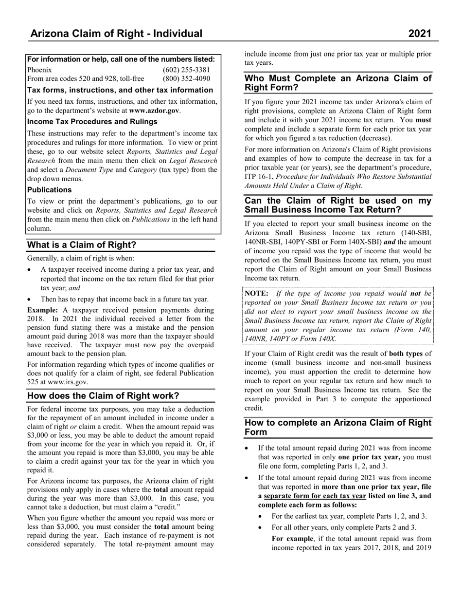 Instructions for Form ADOR11273 Claim of Right - Individual - Arizona, Page 1