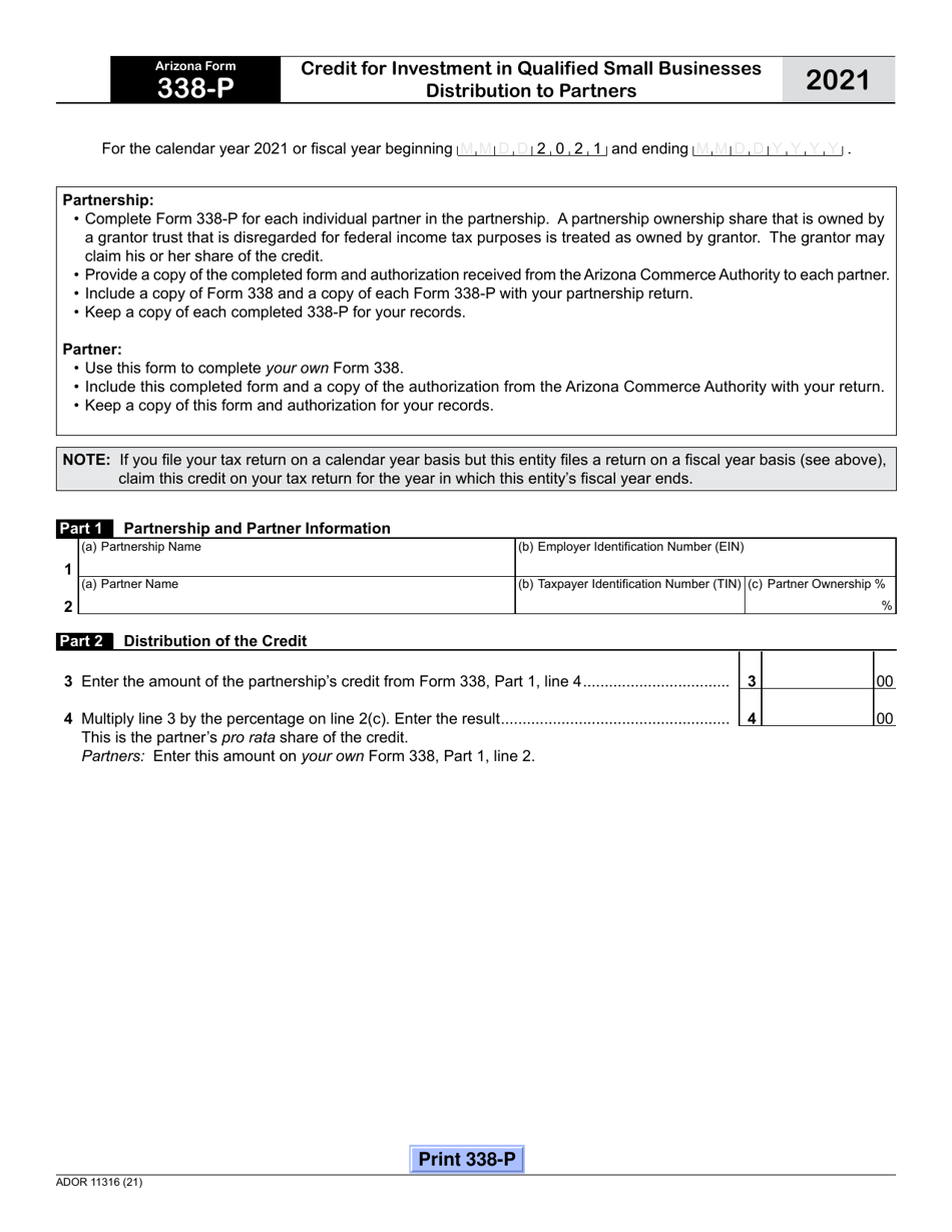 Arizona Form 338-P (ADOR11316) Credit for Investment in Qualified Small Businesses Distribution to Partners - Arizona, Page 1