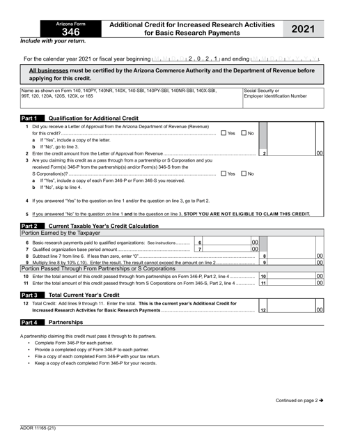 Arizona Form 346 (ADOR11165) 2021 Printable Pdf