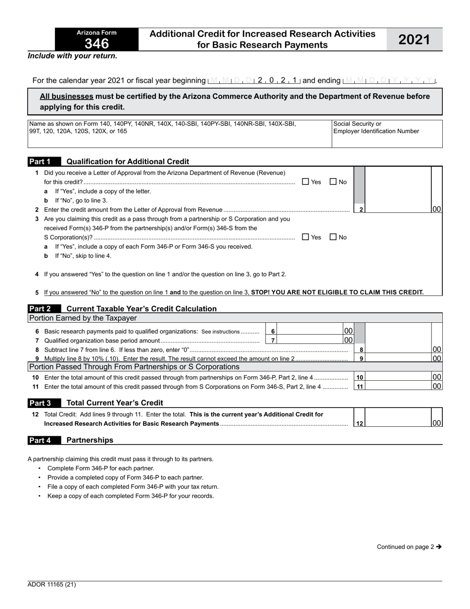 Arizona Form 346 (ADOR11165) Additional Credit for Increased Research Activities for Basic Research Payments - Arizona, Page 1