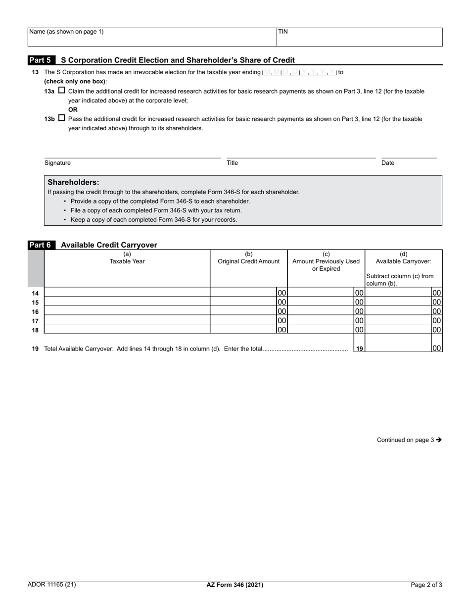 Arizona Form 346 (ADOR11165) Additional Credit for Increased Research Activities for Basic Research Payments - Arizona, Page 2