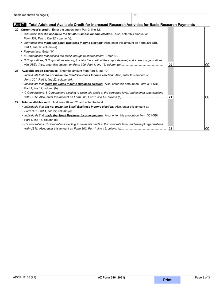 Arizona Form 346 (ADOR11165) Additional Credit for Increased Research Activities for Basic Research Payments - Arizona, Page 3