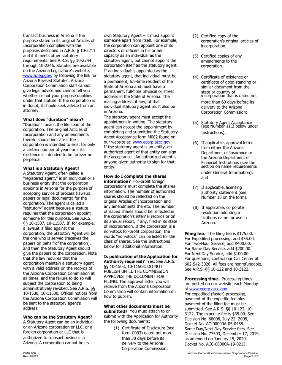 Instructions for Form C018 Application for Authority to Transact Business or Conduct Affairs in Arizona - Arizona, Page 2