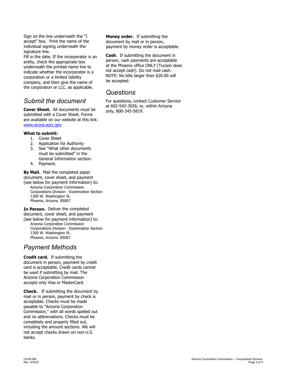 Instructions for Form C018 Application for Authority to Transact Business or Conduct Affairs in Arizona - Arizona, Page 5