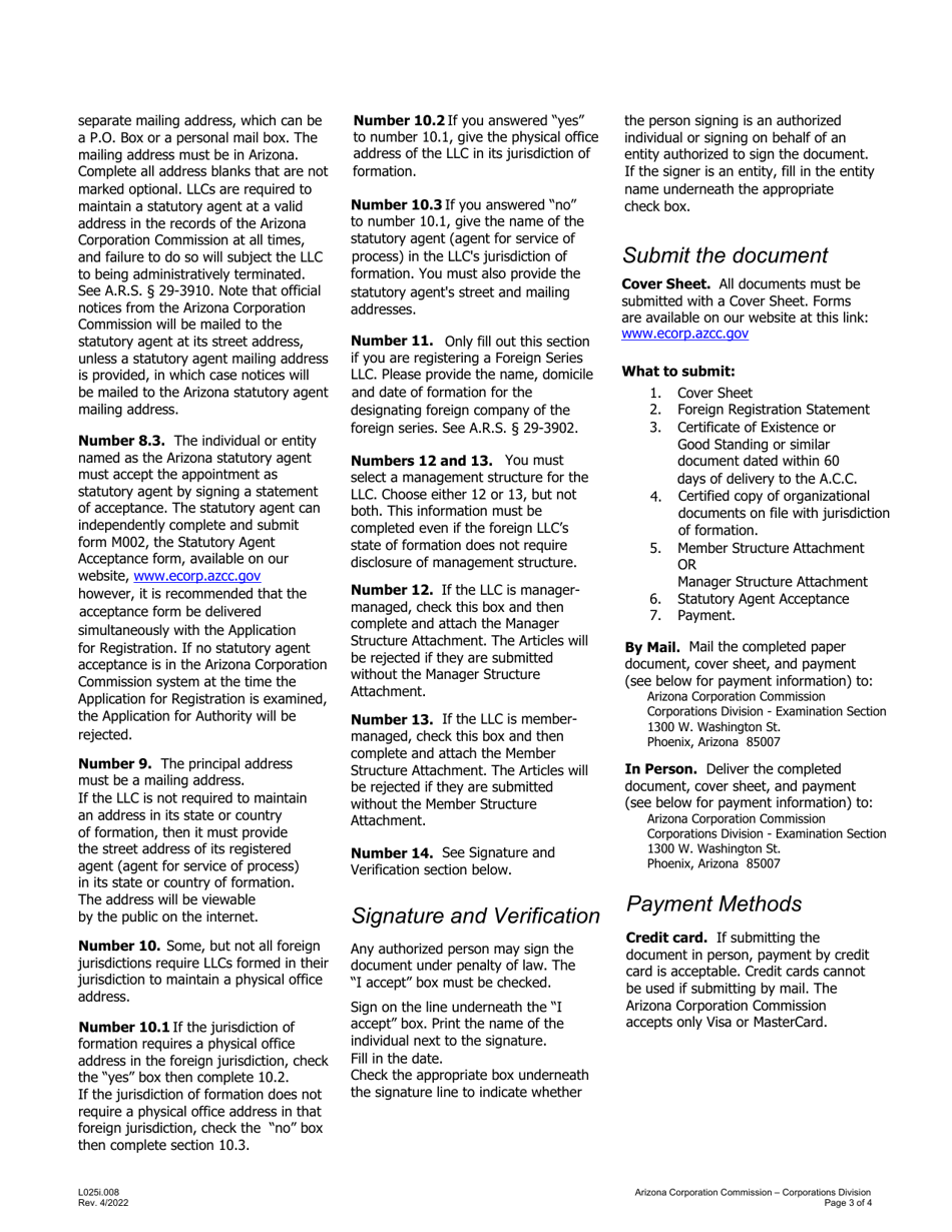Instructions for Form L025 Foreign Registration Statement - Arizona, Page 3