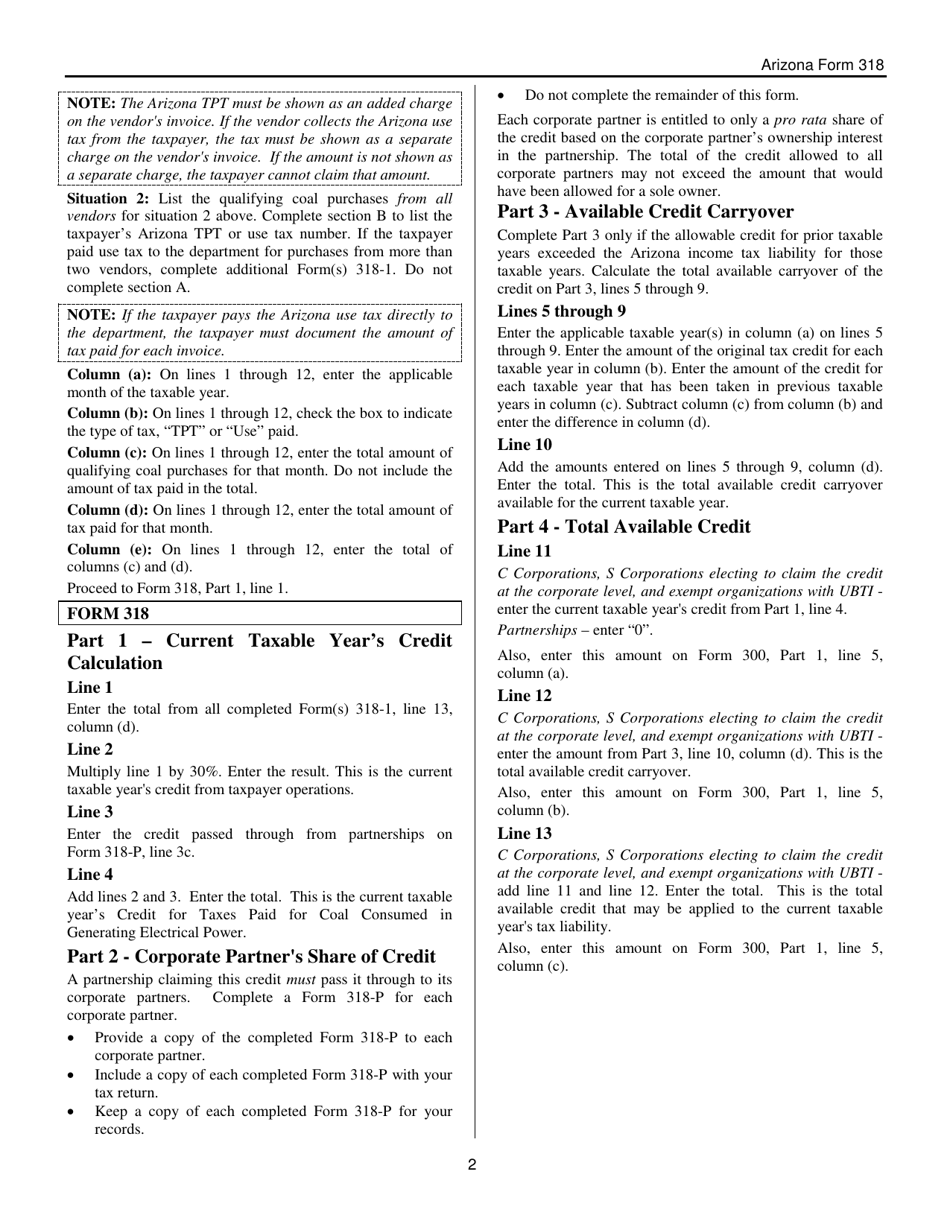 Instructions for Arizona Form 318, Arizona Form 318-P, ADOR10942, ADOR11325 - Arizona, Page 2