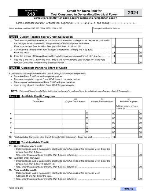 Arizona Form 318 (ADOR10942) 2021 Printable Pdf