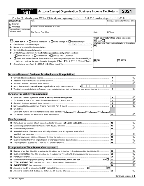 Arizona Form 99T (ADOR10419) Arizona Exempt Organization Business Income Tax Return - Arizona, 2021