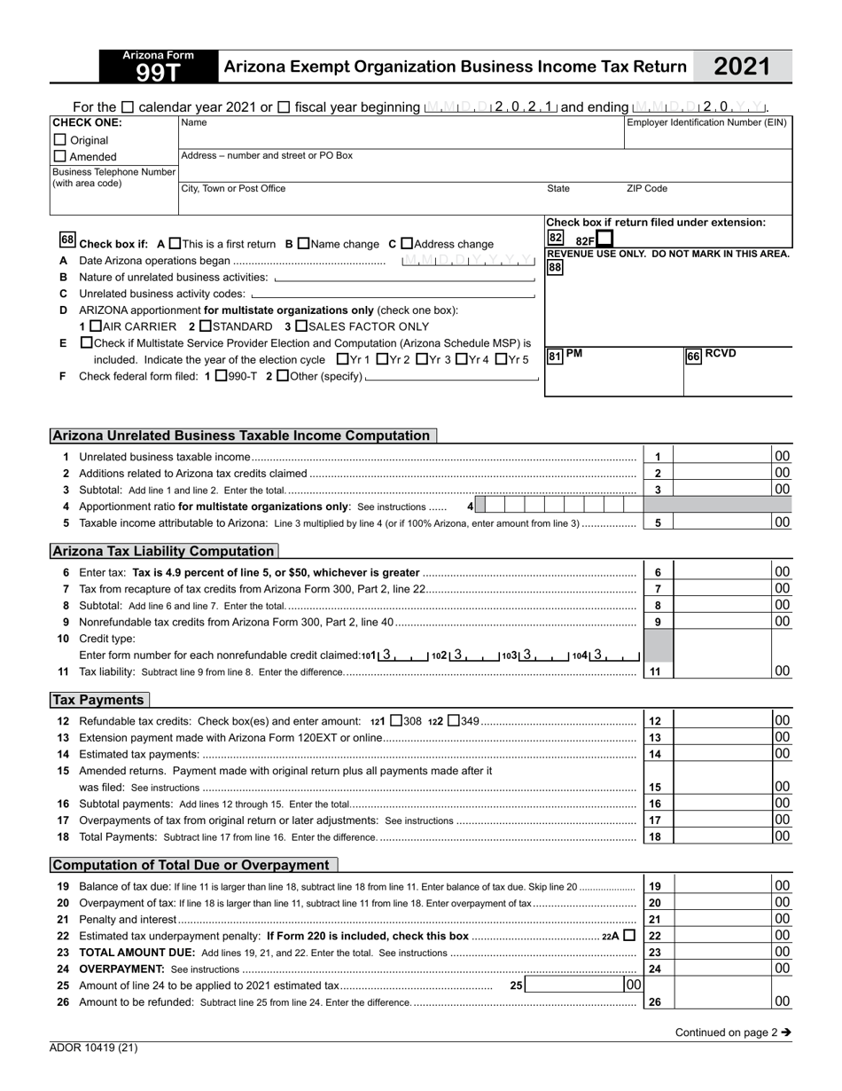 Arizona Form 99T (ADOR10419) Arizona Exempt Organization Business Income Tax Return - Arizona, Page 1