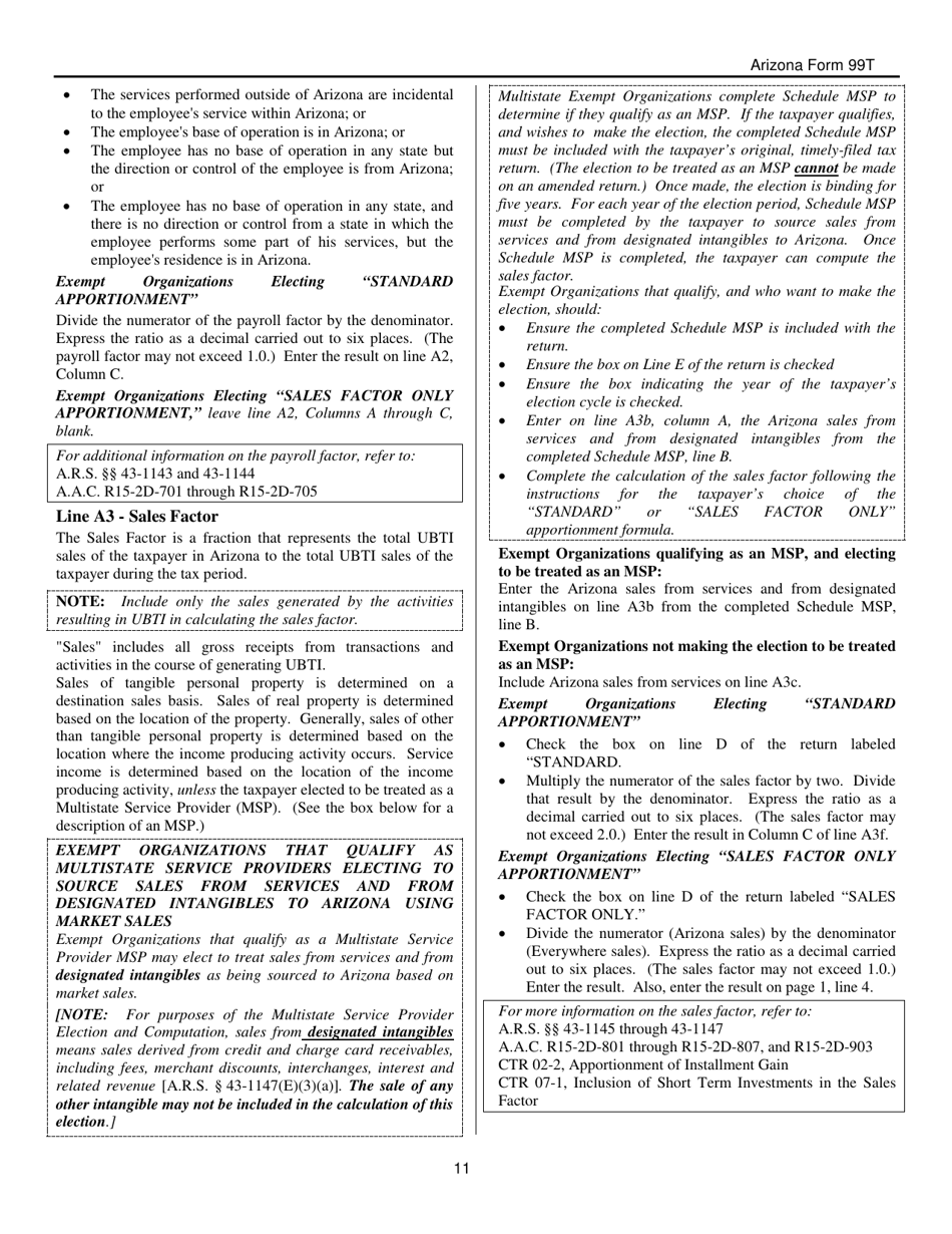 Instructions for Arizona Form 99T, ADOR10419 Arizona Exempt Organization Business Income Tax Return - Arizona, Page 11
