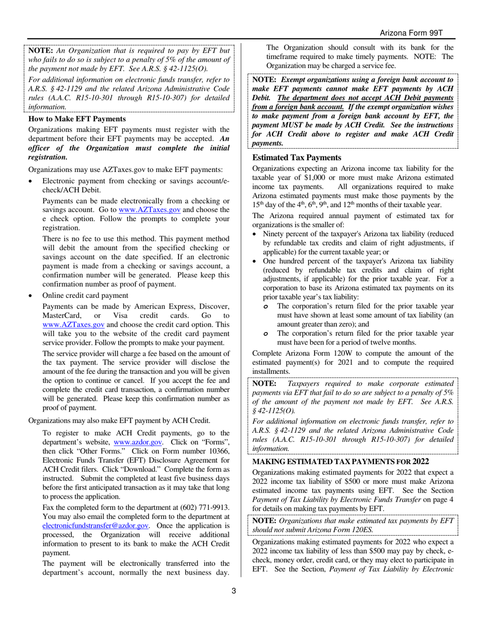 Instructions for Arizona Form 99T, ADOR10419 Arizona Exempt Organization Business Income Tax Return - Arizona, Page 3