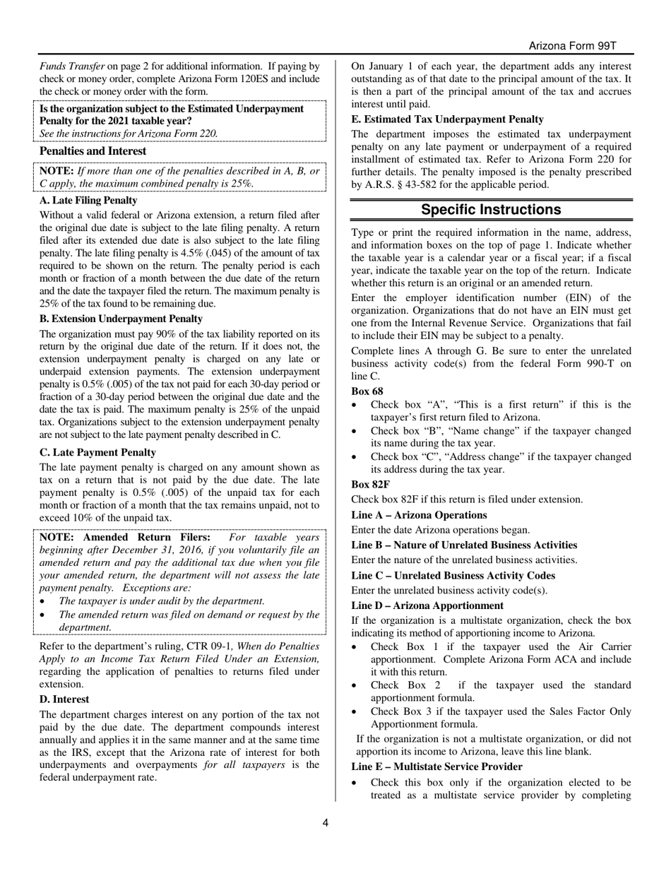 Instructions for Arizona Form 99T, ADOR10419 Arizona Exempt Organization Business Income Tax Return - Arizona, Page 4